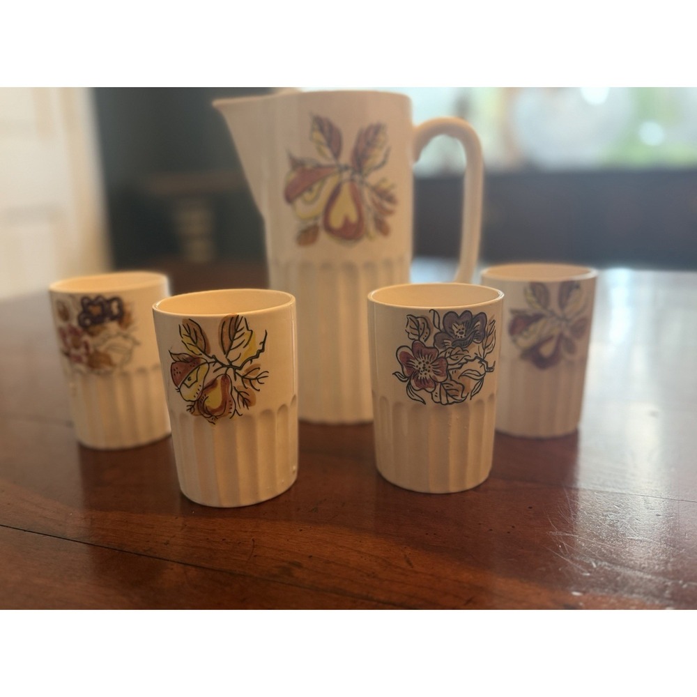 Vintage Ceramic Juice Pitcher and 4‎ Tumblers Set Hand Painted Fruit Flower MCM
